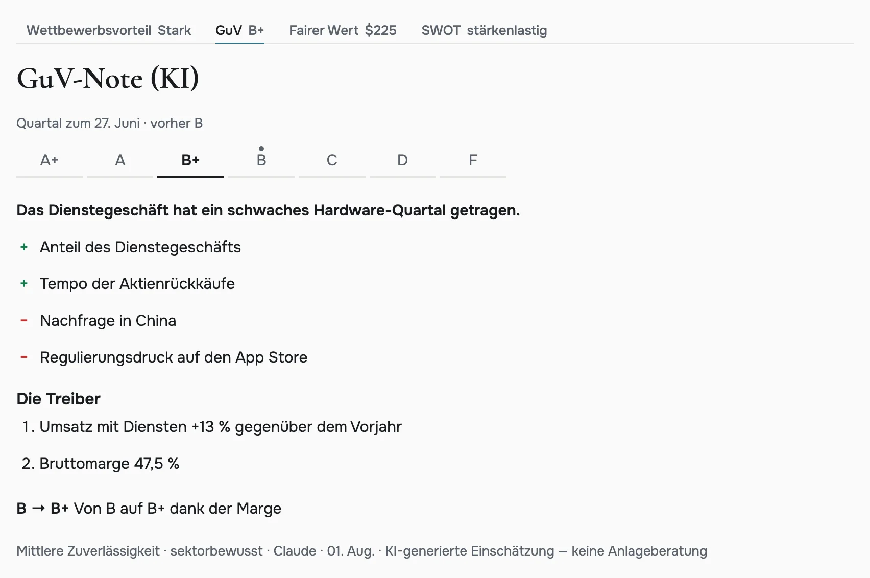 Die KI-Note zur Gewinn- und Verlustrechnung von Apple Inc. in foliologic.