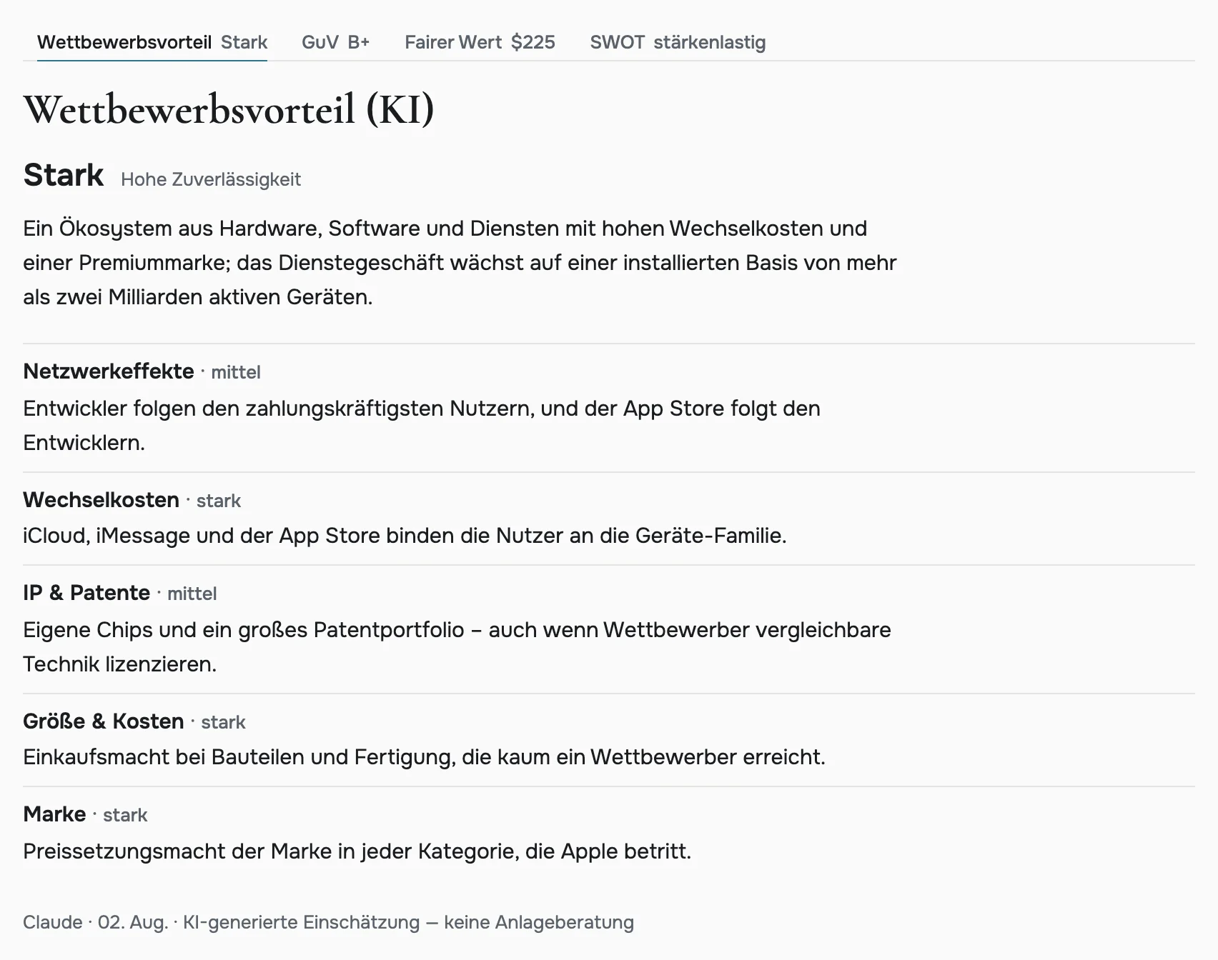Die KI-Einschätzung des Wettbewerbsvorteils von Apple Inc. in foliologic.