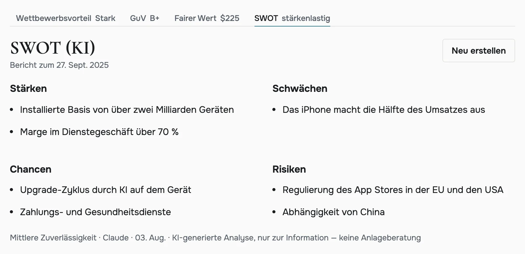 Die KI-SWOT-Analyse von Apple Inc. in foliologic.