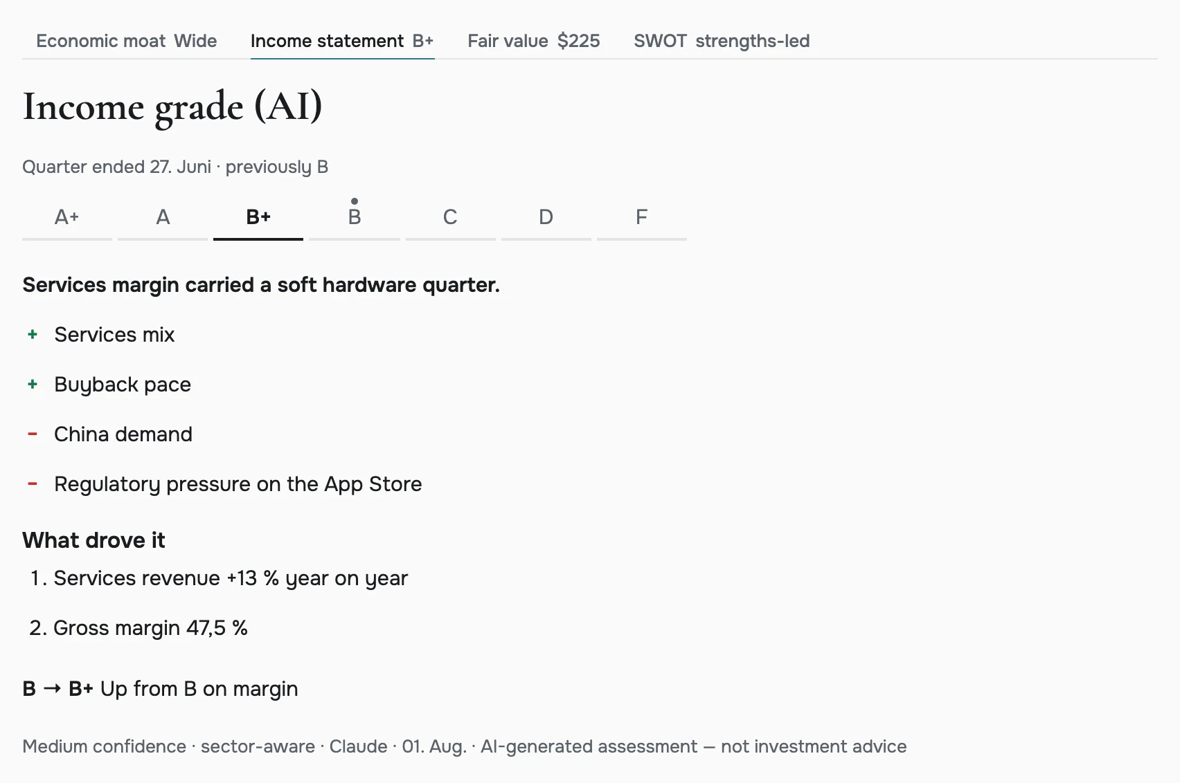 The income statement grade of Apple Inc. in foliologic.